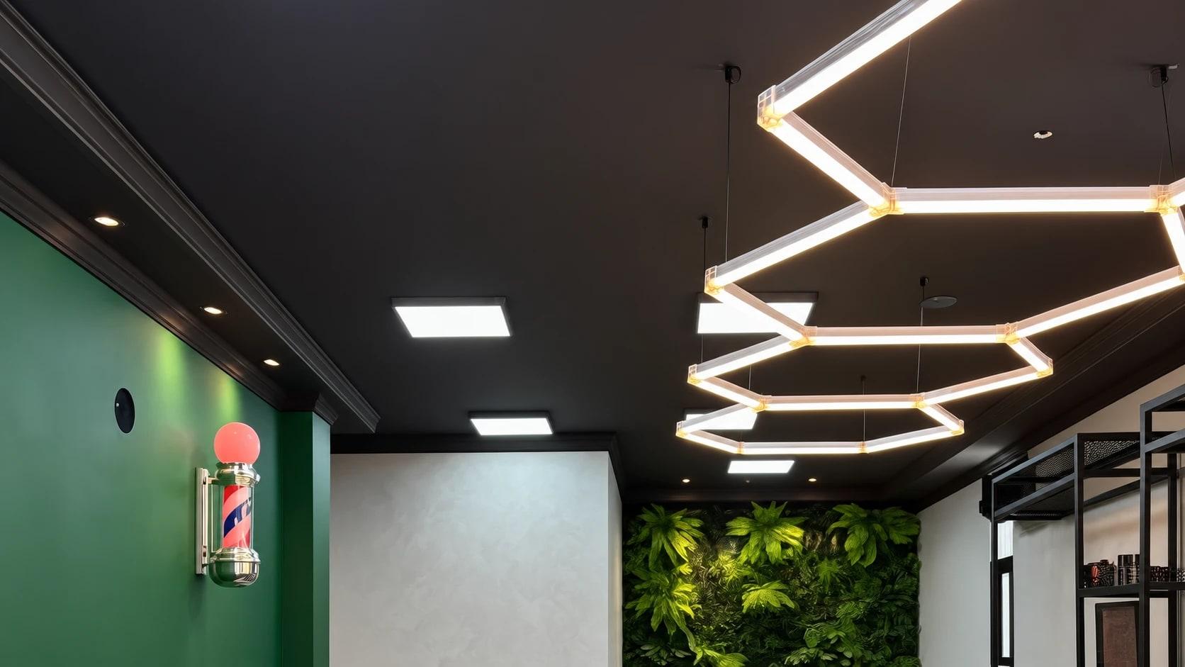 Teto preto com as luminárias hexagonais de LED, o poste de barbeiro na parede verde e o jardim vertical ao fundo